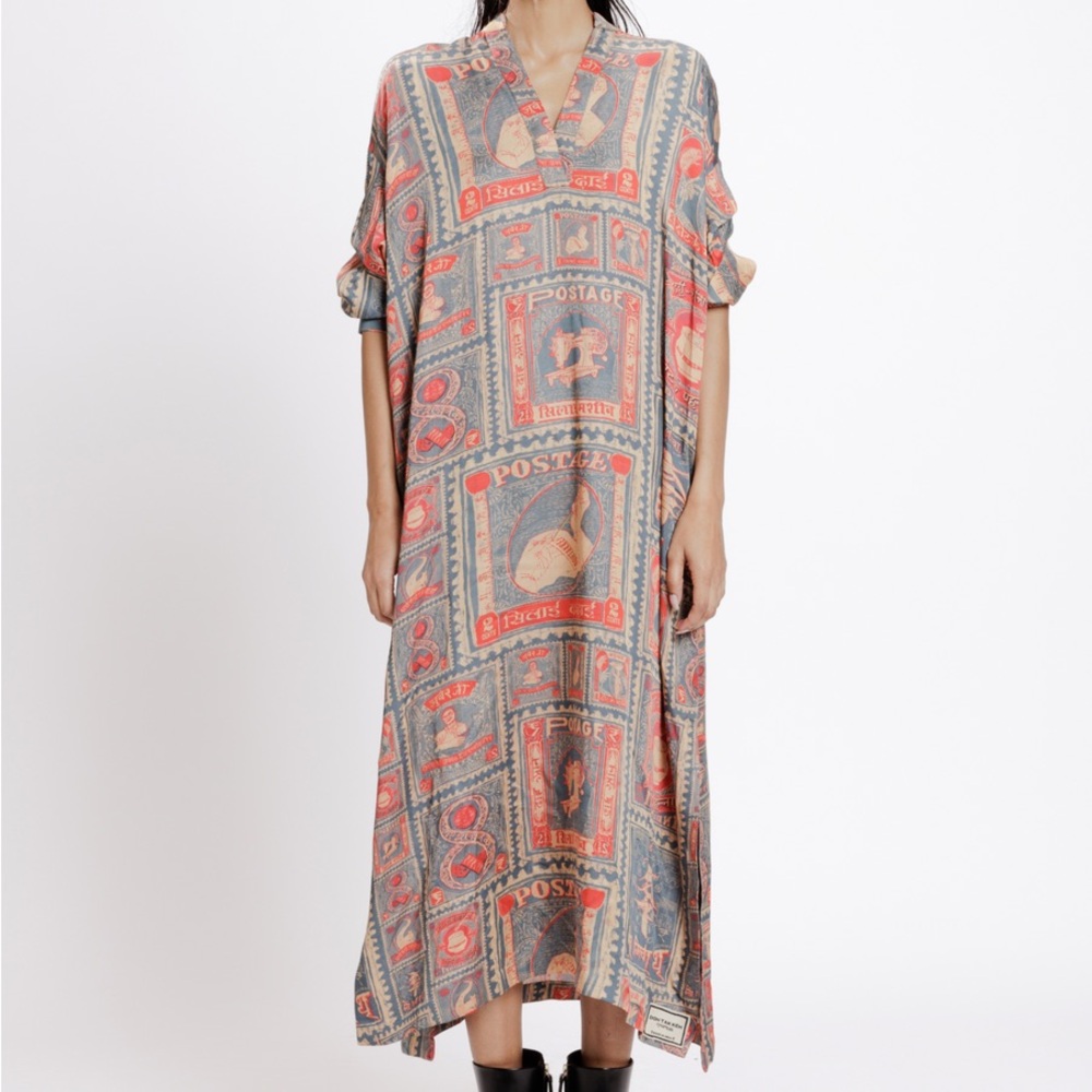 Doh Tak Keh Handcrafted Vintage Stamp Print Blue/Gray and Red Maxi Dress